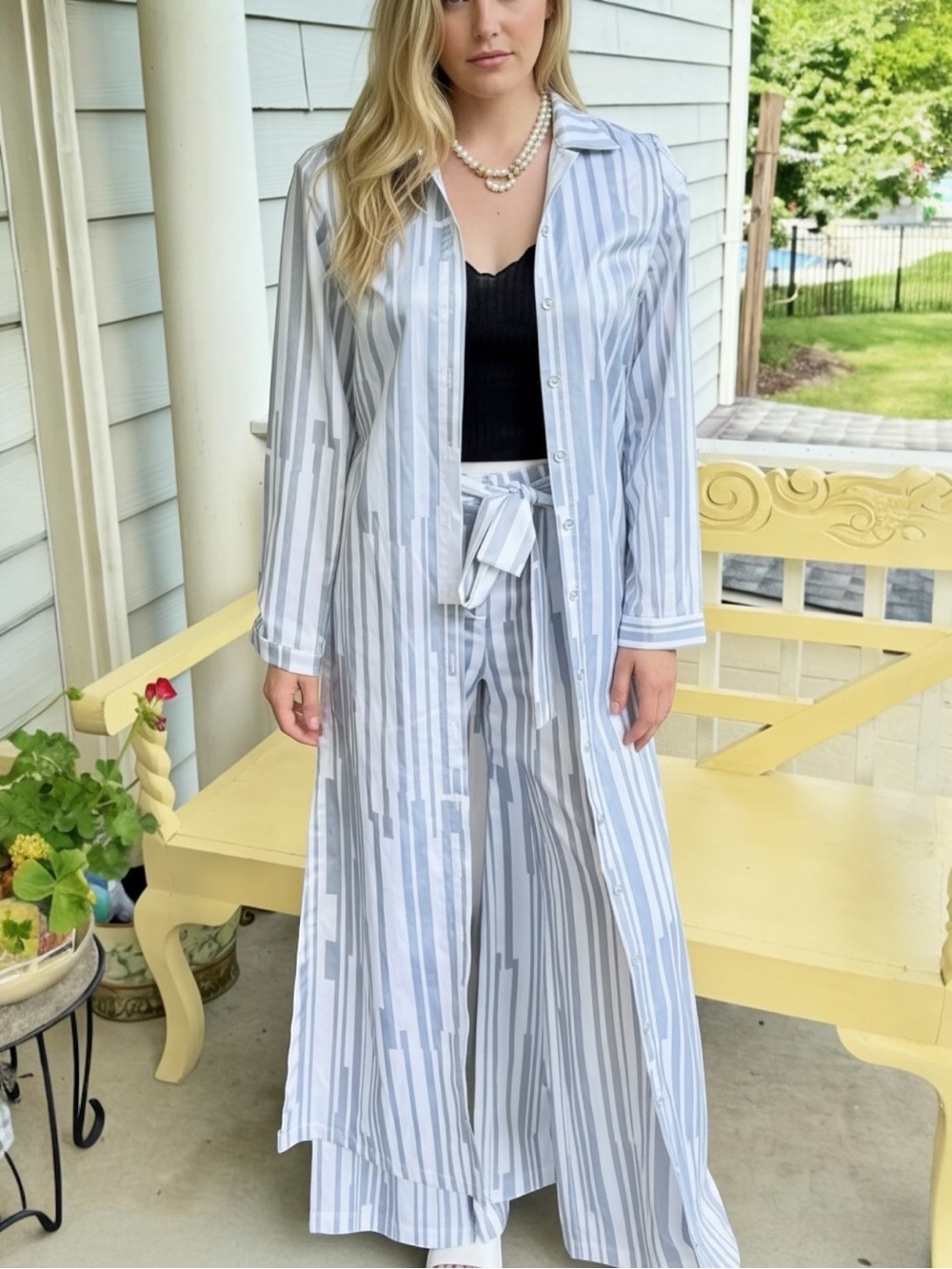 New With Tags Anna Hariri Palazzo Modest Belted Pants & Duster Shirt/Jacket Set